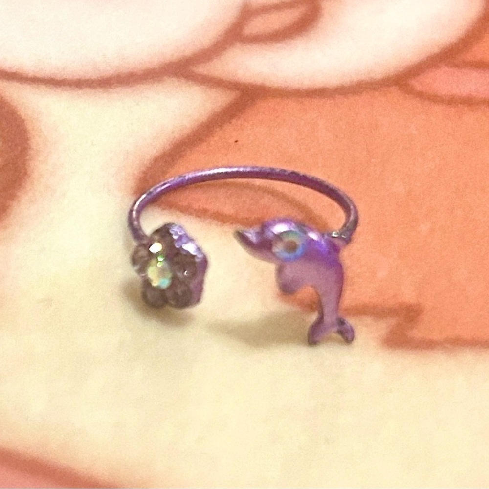 Dolphin Crystal Flower Purple Adjustable Ring